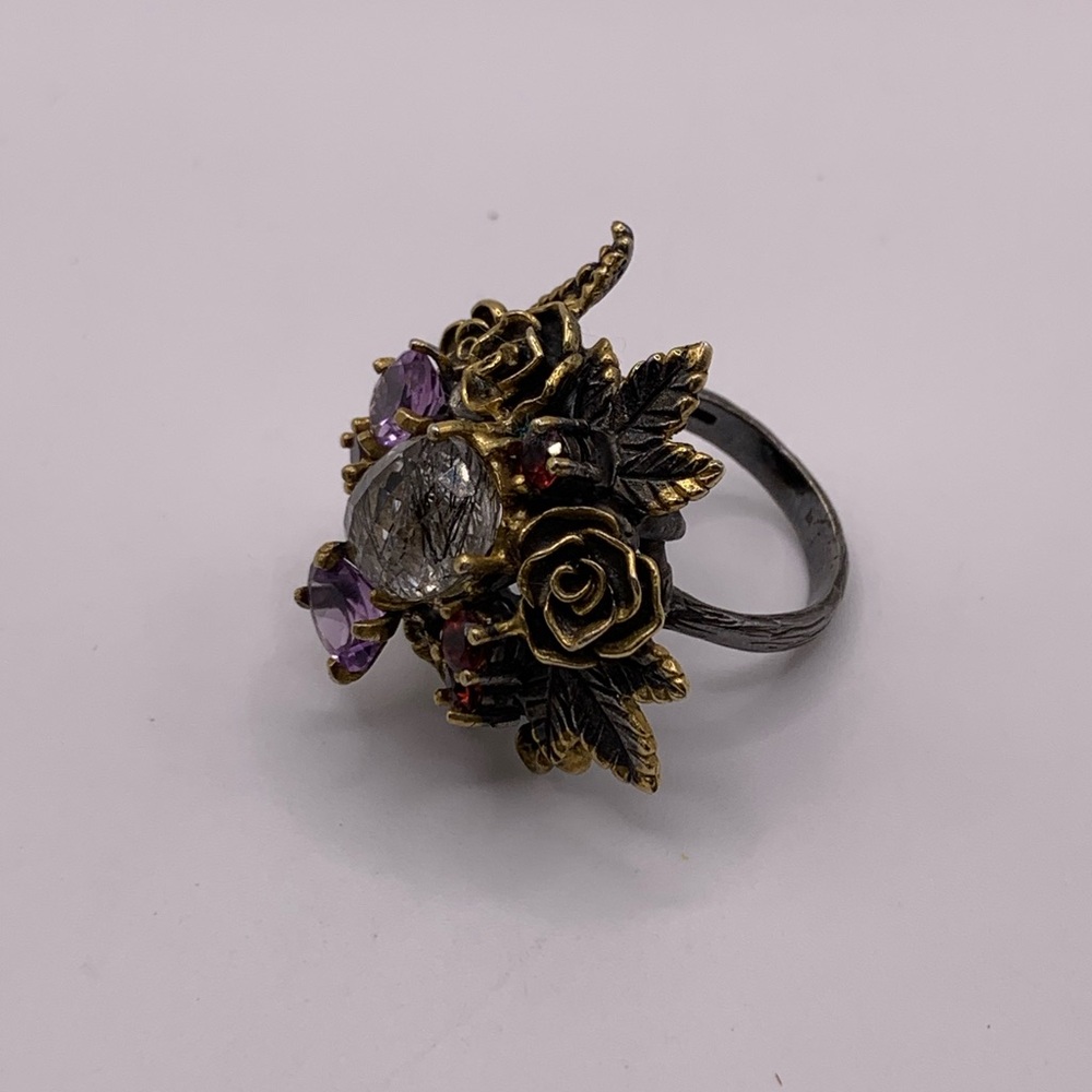Handmade Sterling Silver Gold-Plated Rutilated Amethyst Garnet Ring" - Picture 4 of 8